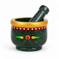 Green Marble Hand Painted Mortar and Pestle Set | Handcrafted Stone Okhli | 4x3 inch