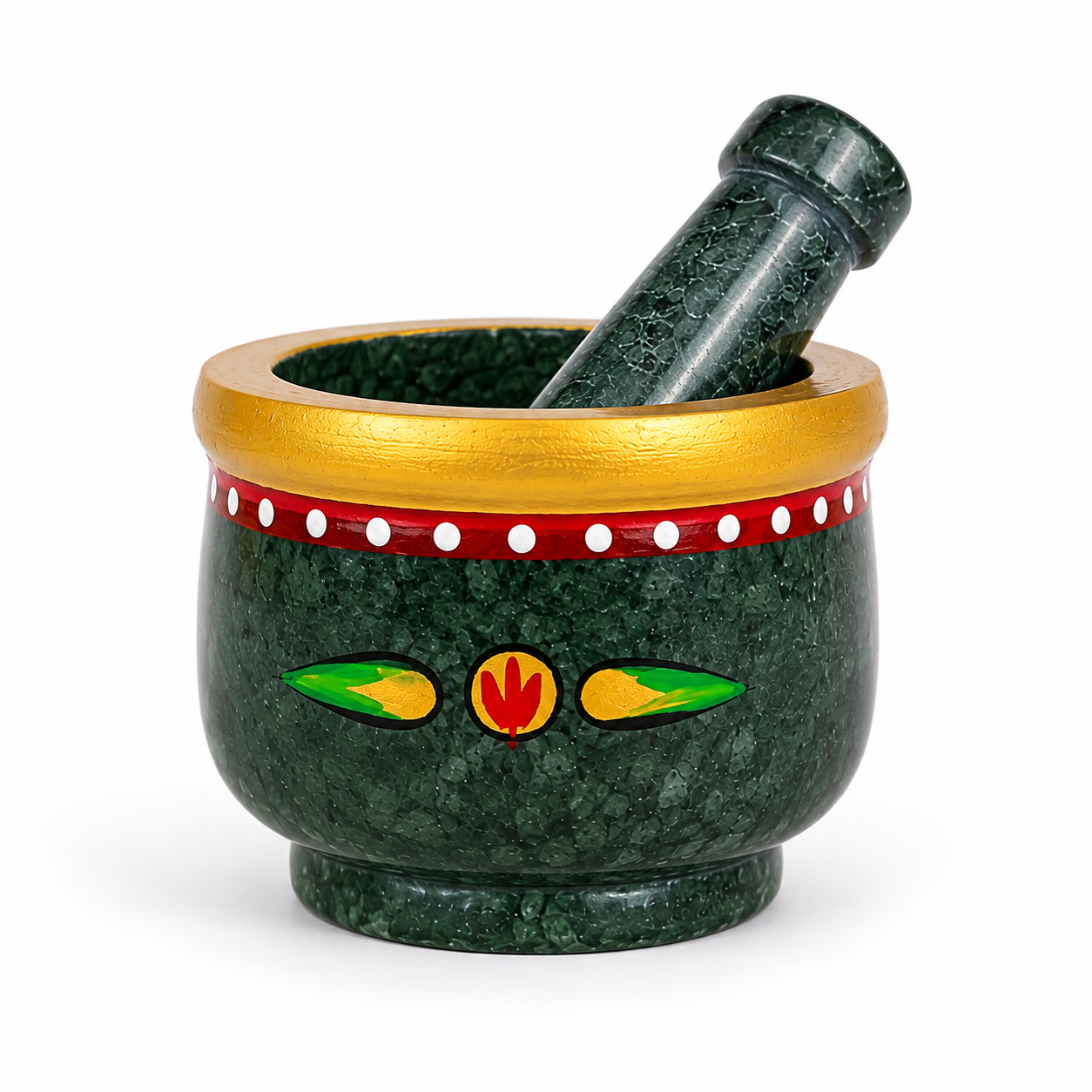 Green Marble Hand Painted Mortar and Pestle Set | Handcrafted Stone Okhli | 4x3 inch