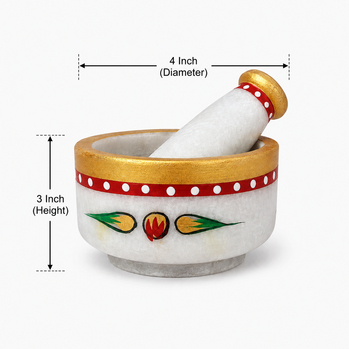 White Marble Hand Painted Mortar and Pestle Set | Handcrafted Stone Okhli | 4x3 inch
