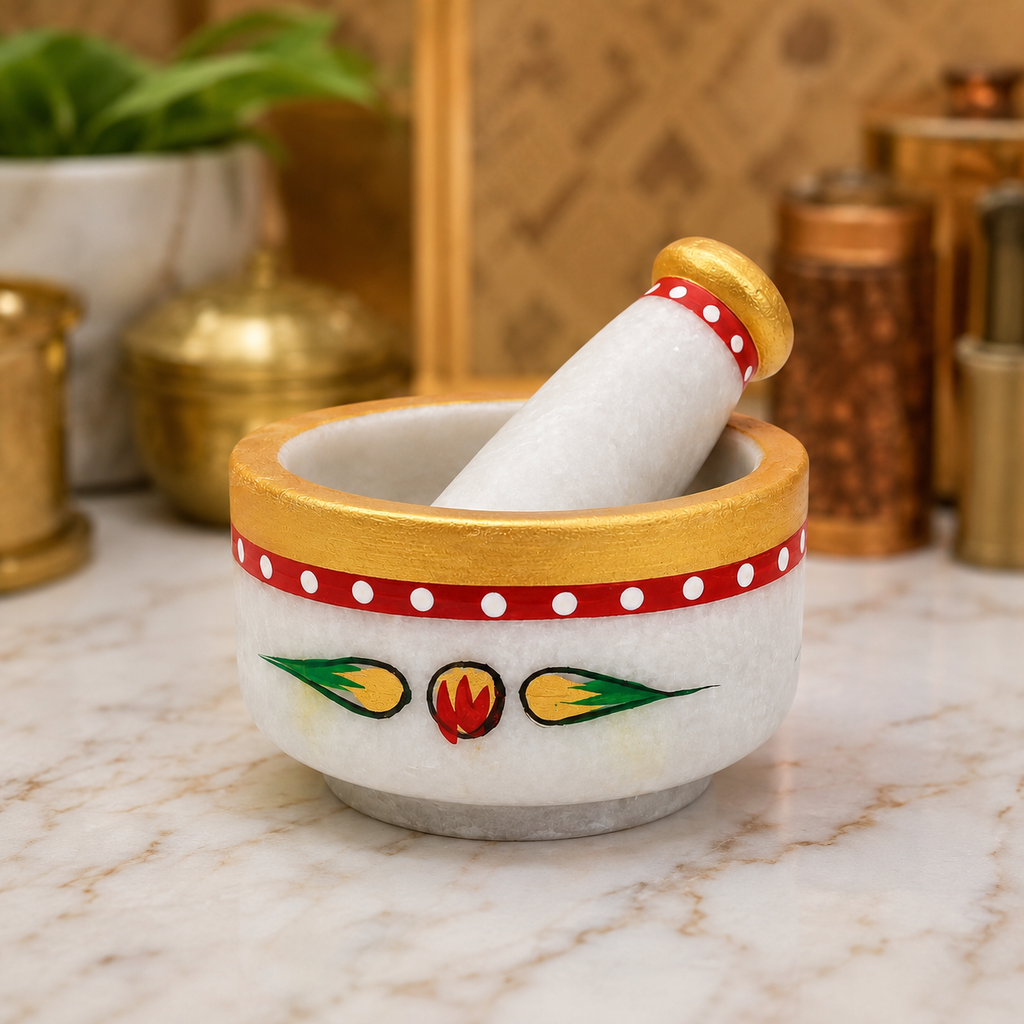 White Marble Hand Painted Mortar and Pestle Set | Handcrafted Stone Okhli | 4x3 inch