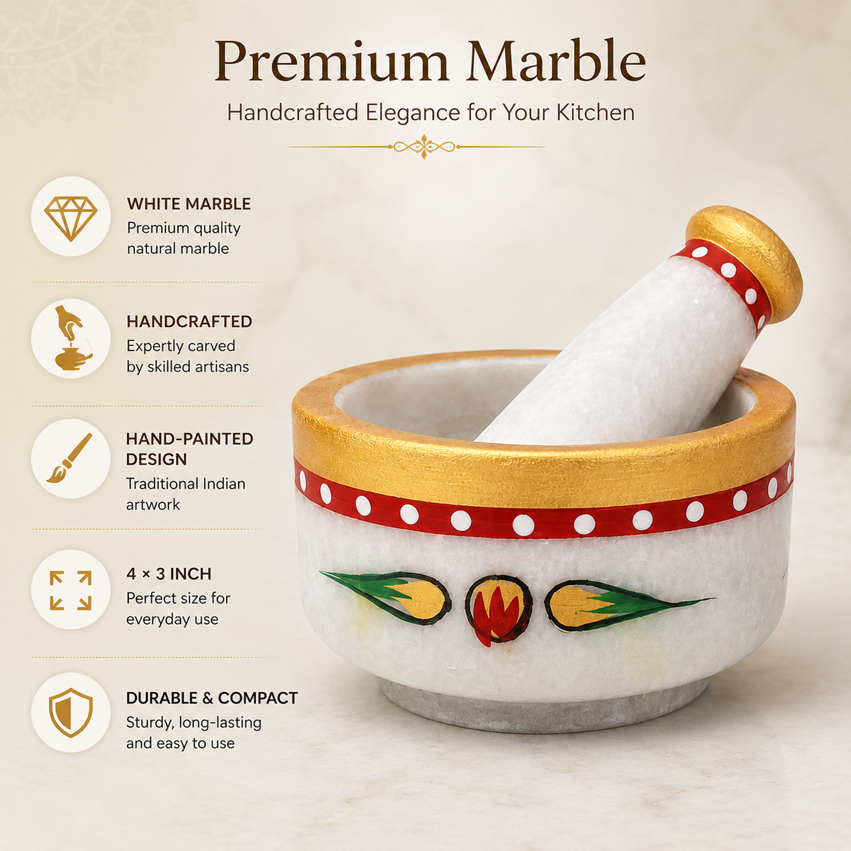 White Marble Hand Painted Mortar and Pestle Set | Handcrafted Stone Okhli | 4x3 inch