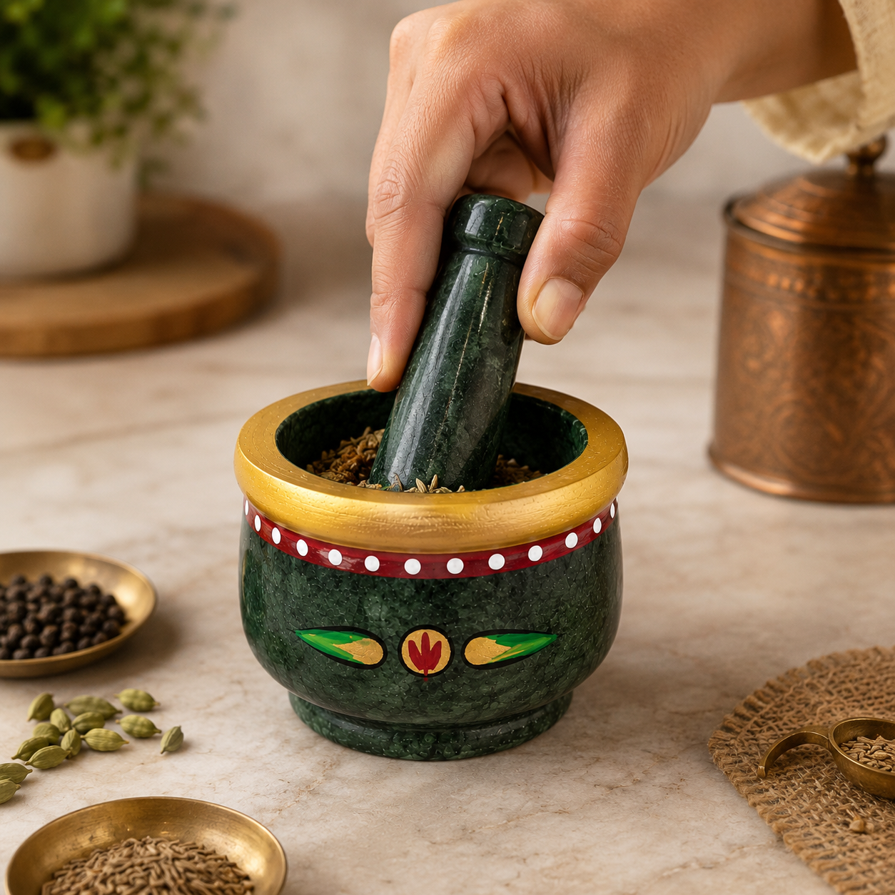 Green Marble Hand Painted Mortar and Pestle Set | Handcrafted Stone Okhli | 4x3 inch