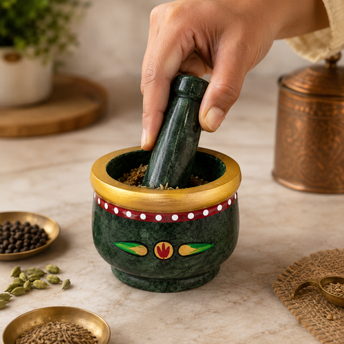 Green Marble Hand Painted Mortar and Pestle Set | Handcrafted Stone Okhli | 4x3 inch