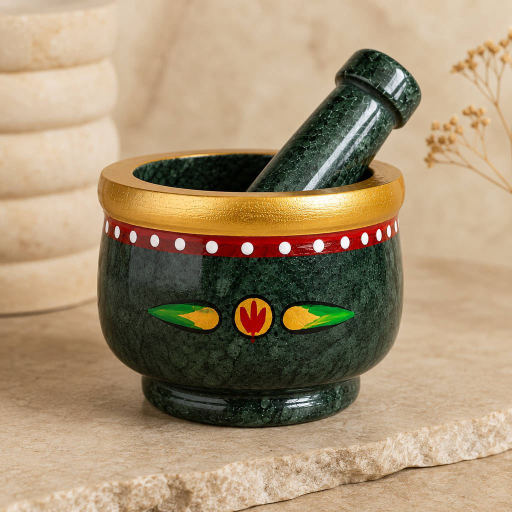 Green Marble Hand Painted Mortar and Pestle Set | Handcrafted Stone Okhli | 4x3 inch