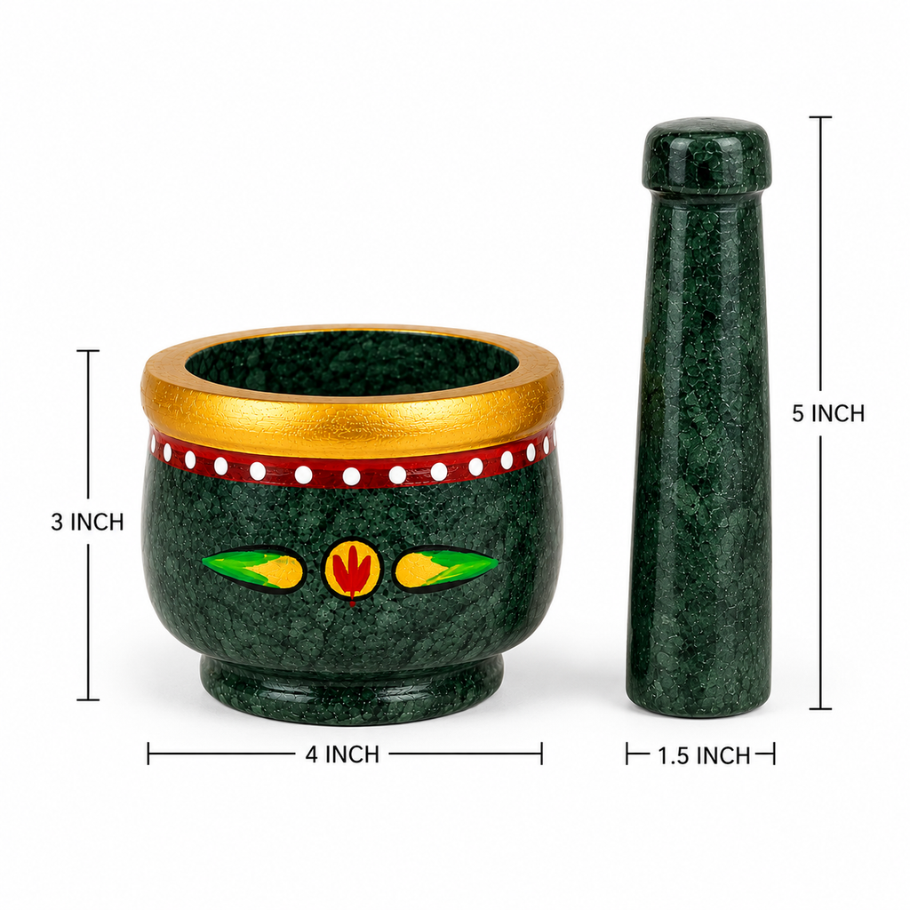 Green Marble Hand Painted Mortar and Pestle Set | Handcrafted Stone Okhli | 4x3 inch