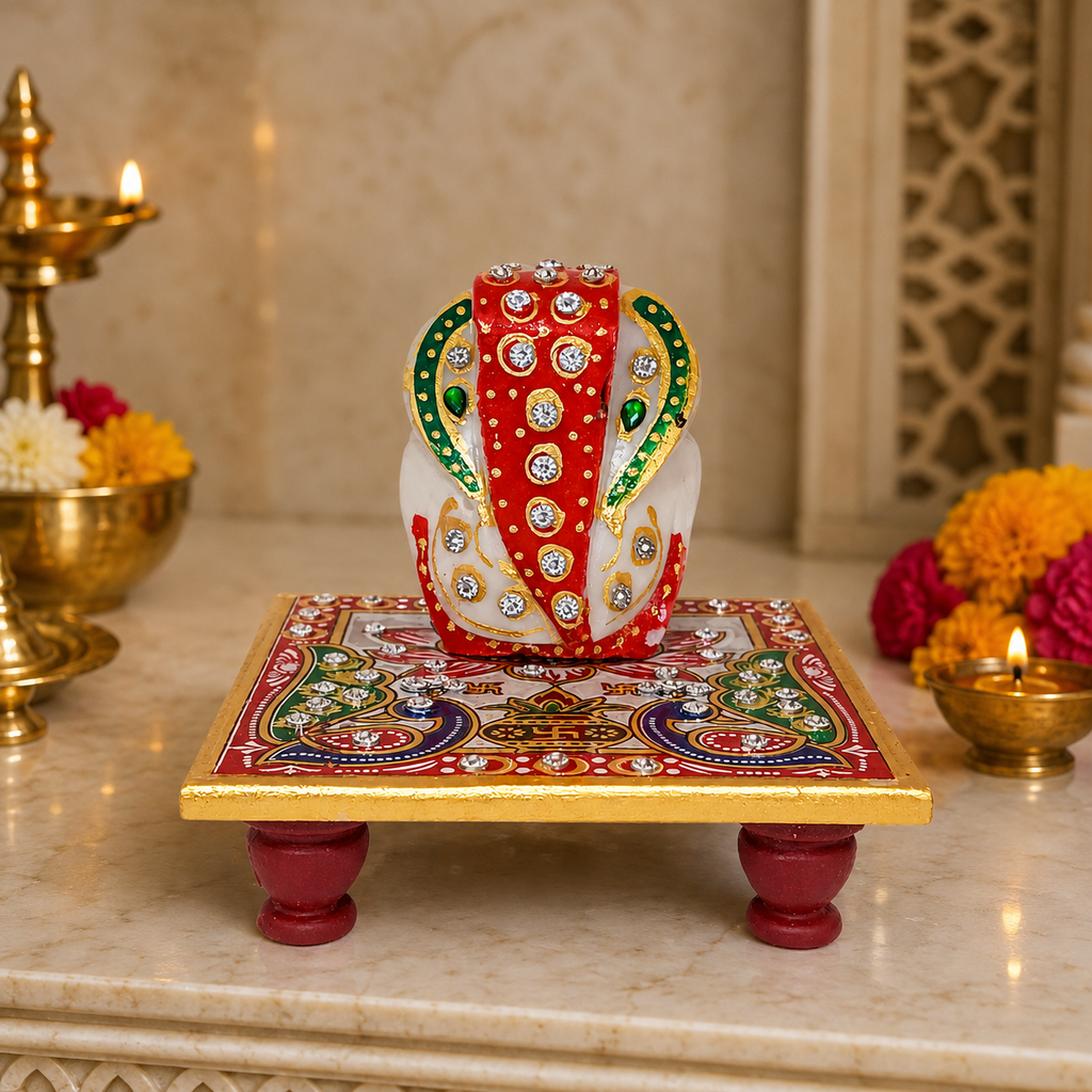 Marble Handcrafted Decorative Ganesh Chowki | Traditional Indian Puja & Festive Gift Décor