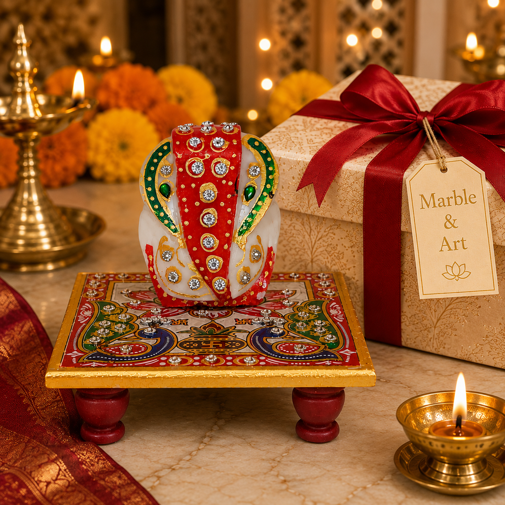 Marble Handcrafted Decorative Ganesh Chowki | Traditional Indian Puja & Festive Gift Décor