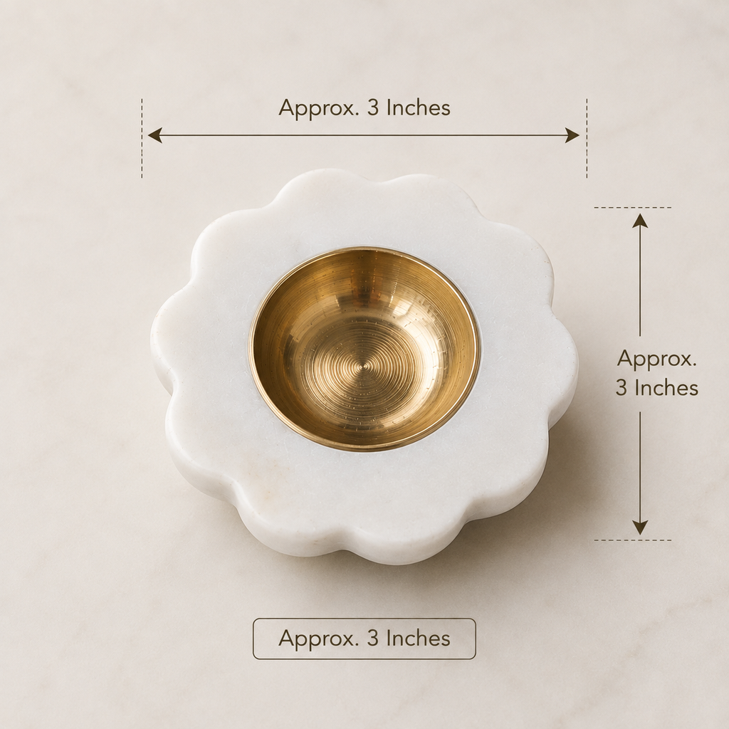 White Marble Brass Diya Set of 2 | 3 Inch Floral Decorative Diyas for Pooja, Home Decor & Gifting