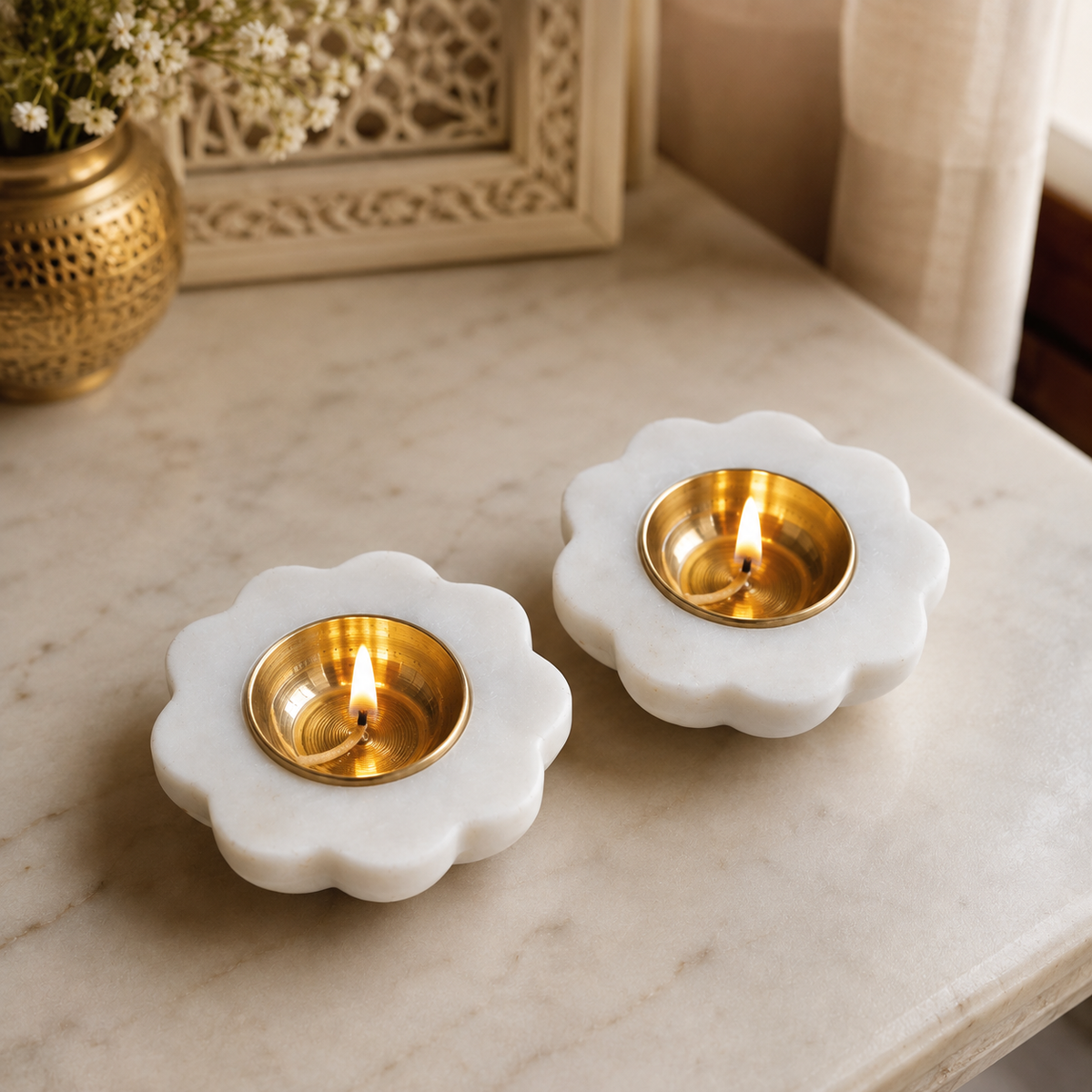 White Marble Brass Diya Set of 2 | 3 Inch Floral Decorative Diyas for Pooja, Home Decor & Gifting