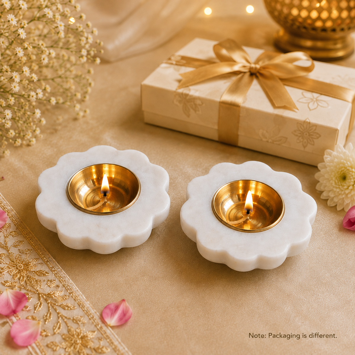 White Marble Brass Diya Set of 2 | 3 Inch Floral Decorative Diyas for Pooja, Home Decor & Gifting