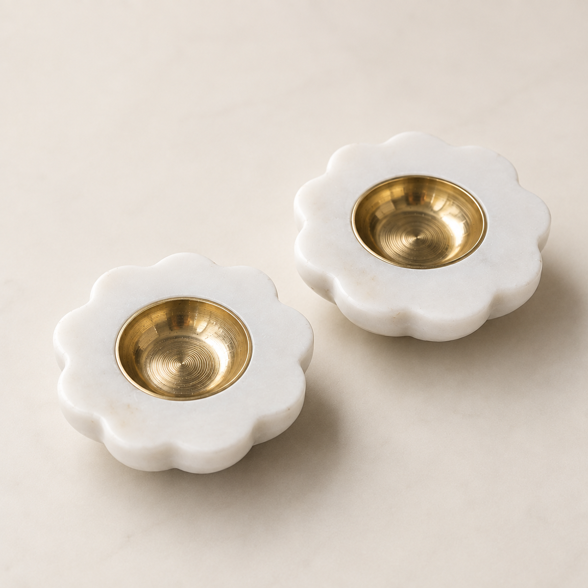 White Marble Brass Diya Set of 2 | 3 Inch Floral Decorative Diyas for Pooja, Home Decor & Gifting