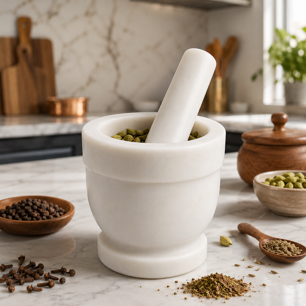 White Marble Mortar and Pestle Set | Handcrafted Stone Okhli | 4x4 inch