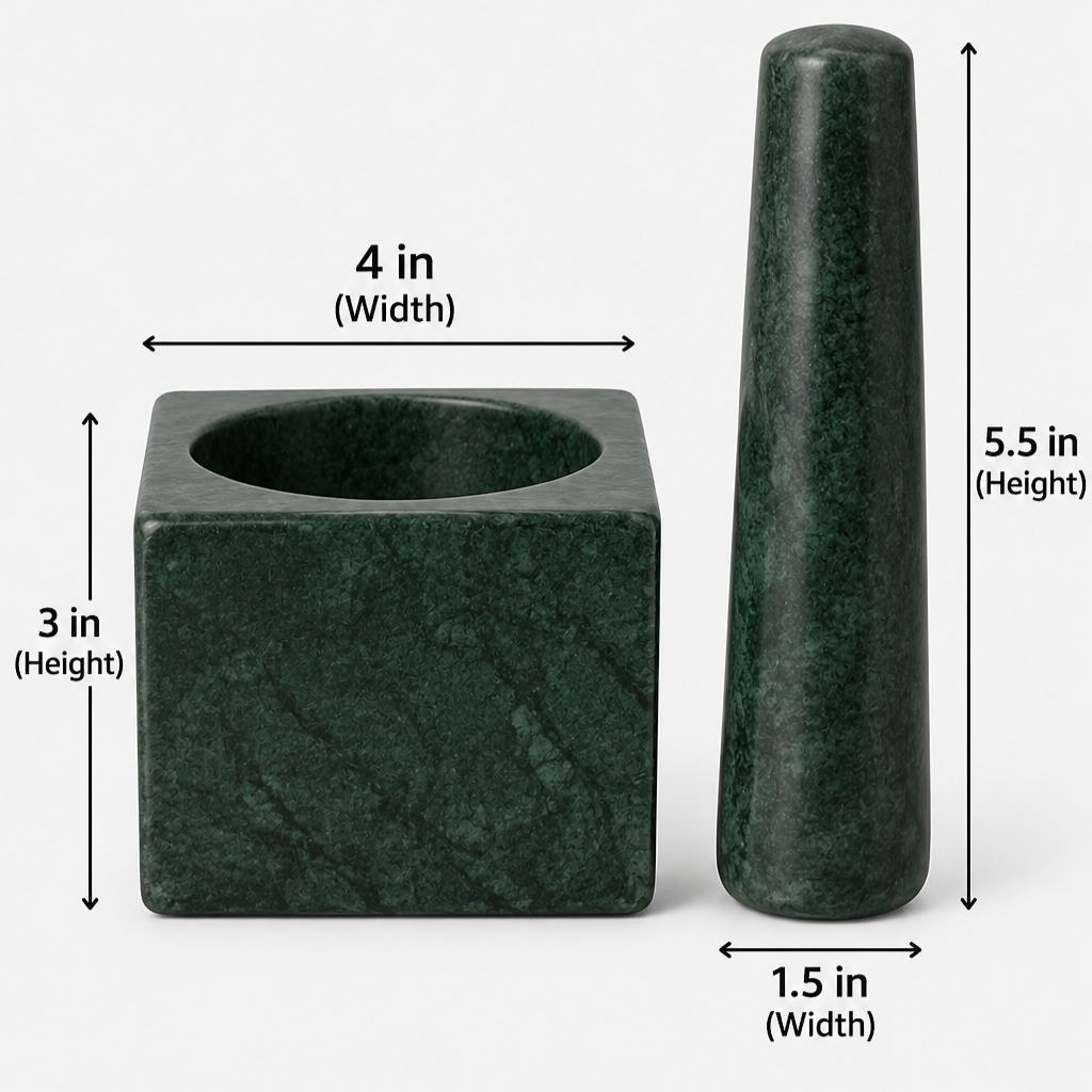 Green Marble Square Mortar and Pestle Set | Handcrafted Stone Okhli | 4x3 inch