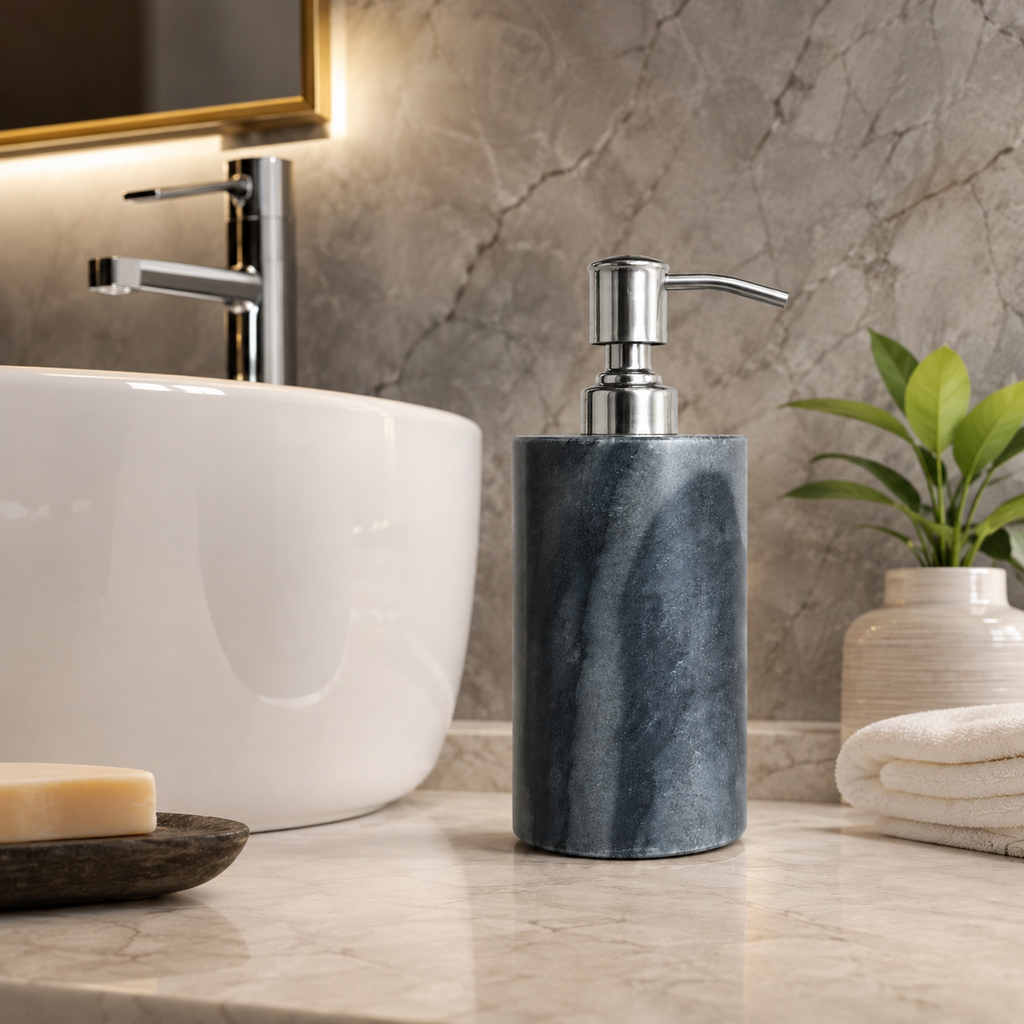 Grey Kayampura Marble Soap Dispenser | Stainless Steel Pump | 200ml | Bathroom Decor