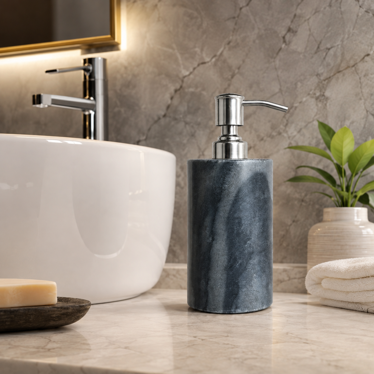 Grey Kayampura Marble Soap Dispenser | Stainless Steel Pump | 200ml | Bathroom Decor