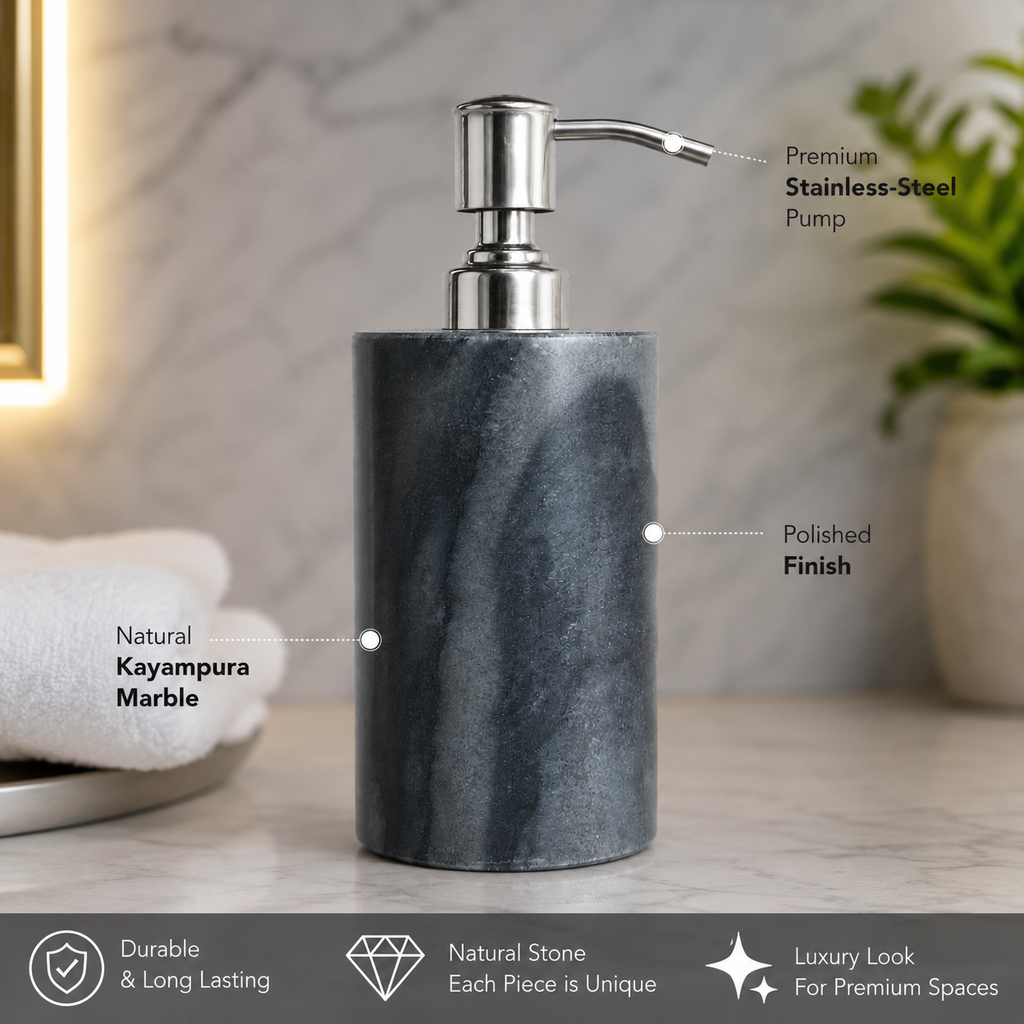 Grey Kayampura Marble Soap Dispenser | Stainless Steel Pump | 200ml | Bathroom Decor