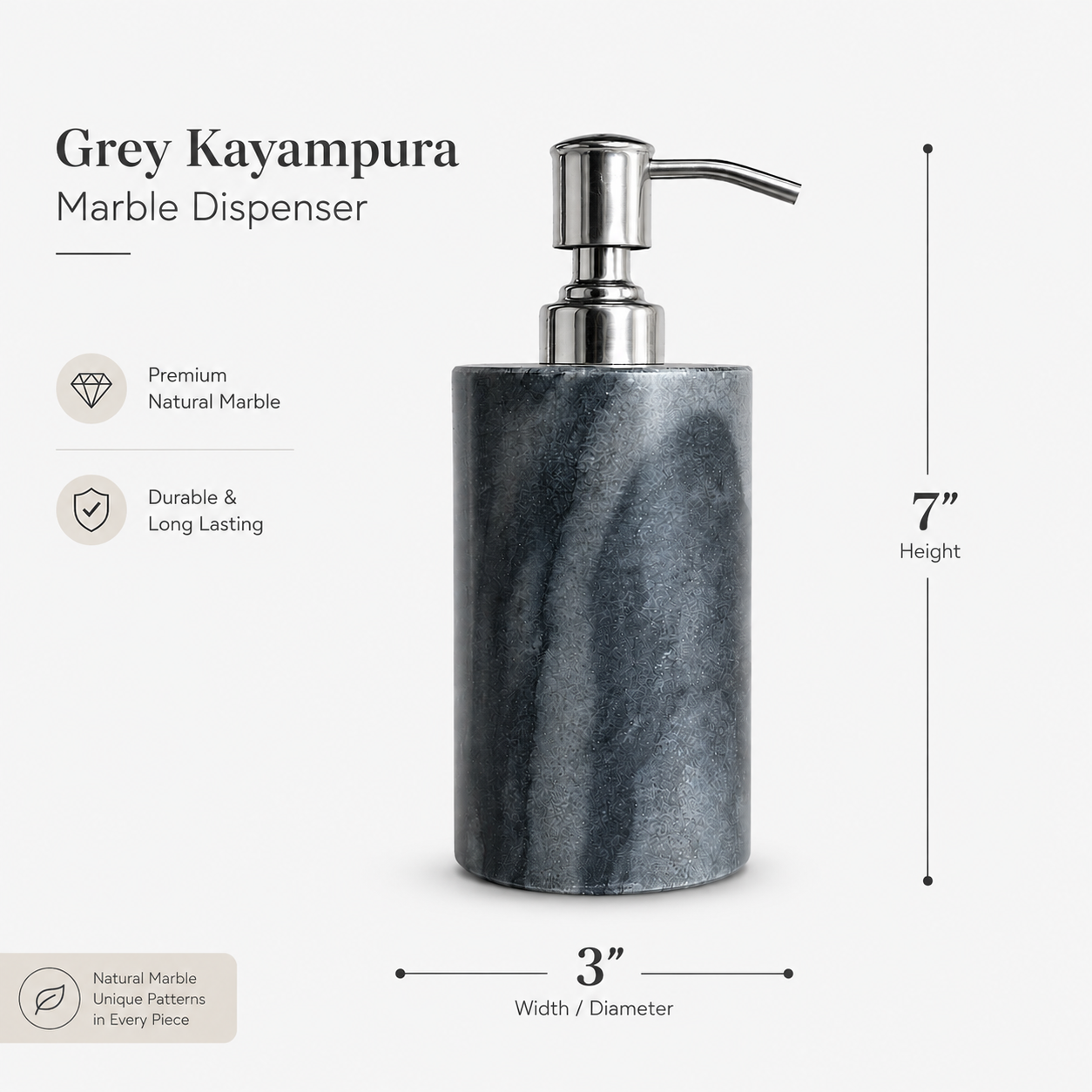 Grey Kayampura Marble Soap Dispenser | Stainless Steel Pump | 200ml | Bathroom Decor
