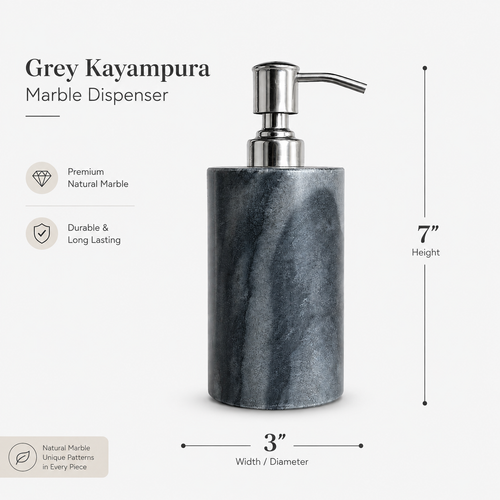 Grey Kayampura Marble Soap Dispenser | Stainless Steel Pump | 200ml | Bathroom Decor