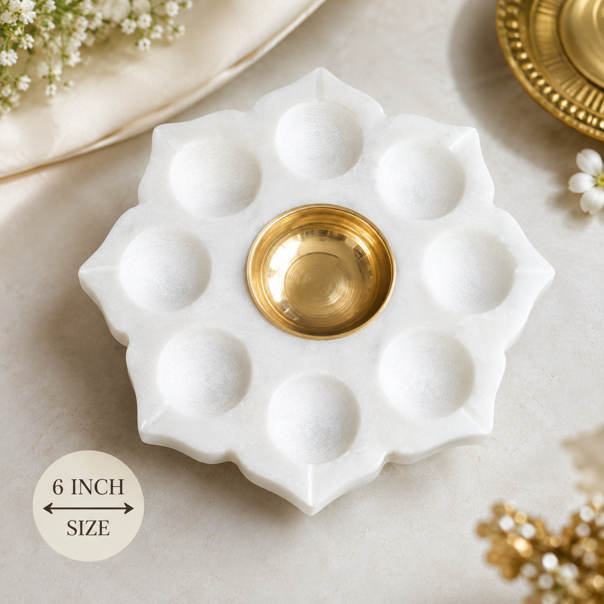 White Marble Brass Diya Holder – 6 Inch | Handcrafted Pooja Décor