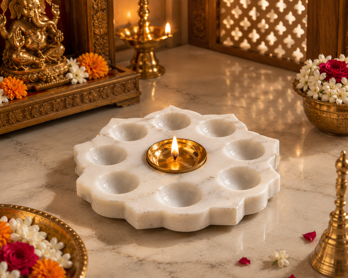 White Marble Brass Diya Holder – 6 Inch | Handcrafted Pooja Décor