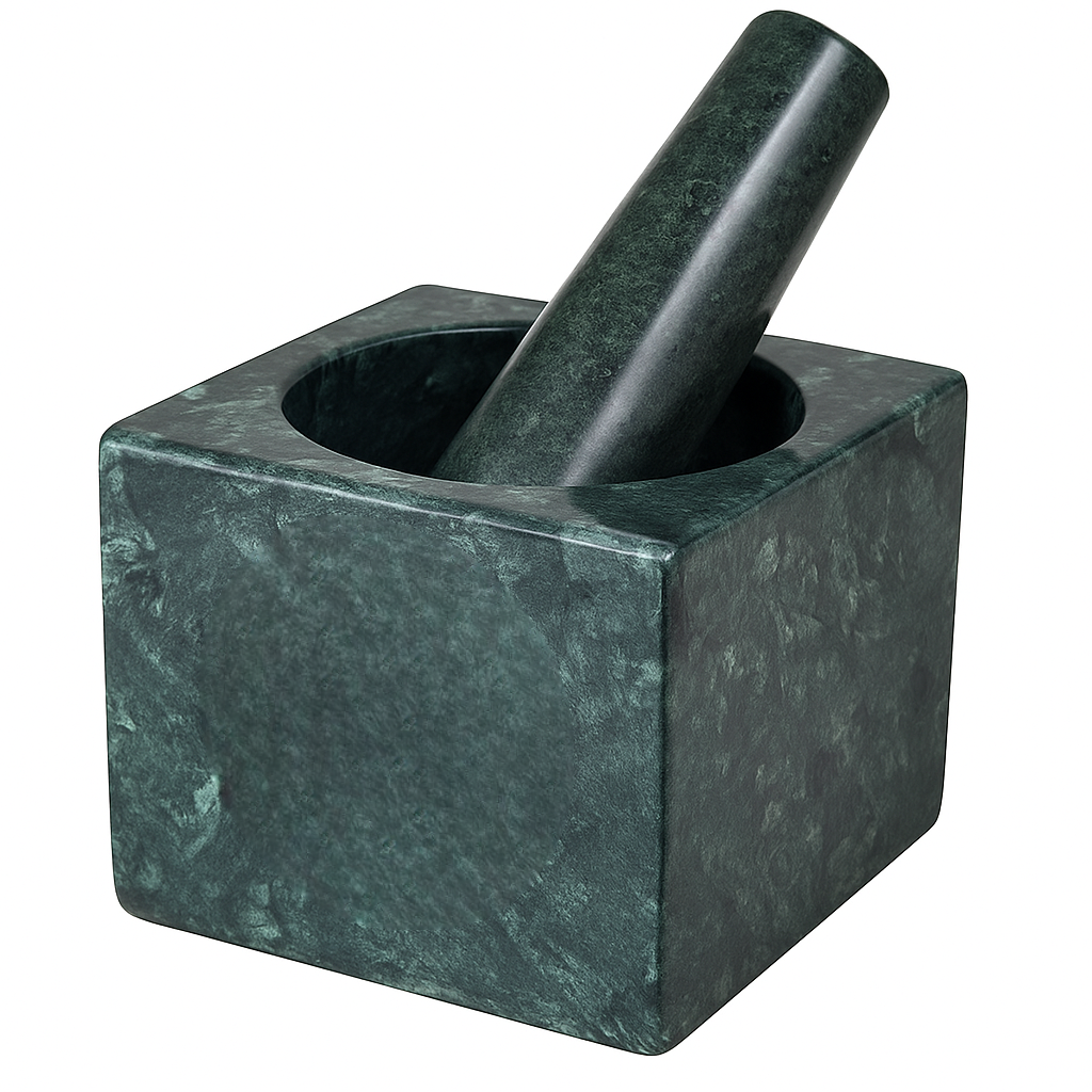 Green Marble Square Mortar and Pestle Set | Handcrafted Stone Okhli | 4x3 inch