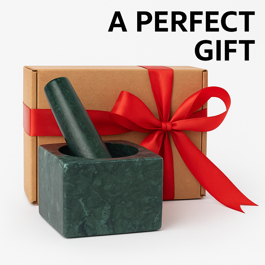 Green Marble Square Mortar and Pestle Set | Handcrafted Stone Okhli | 4x3 inch