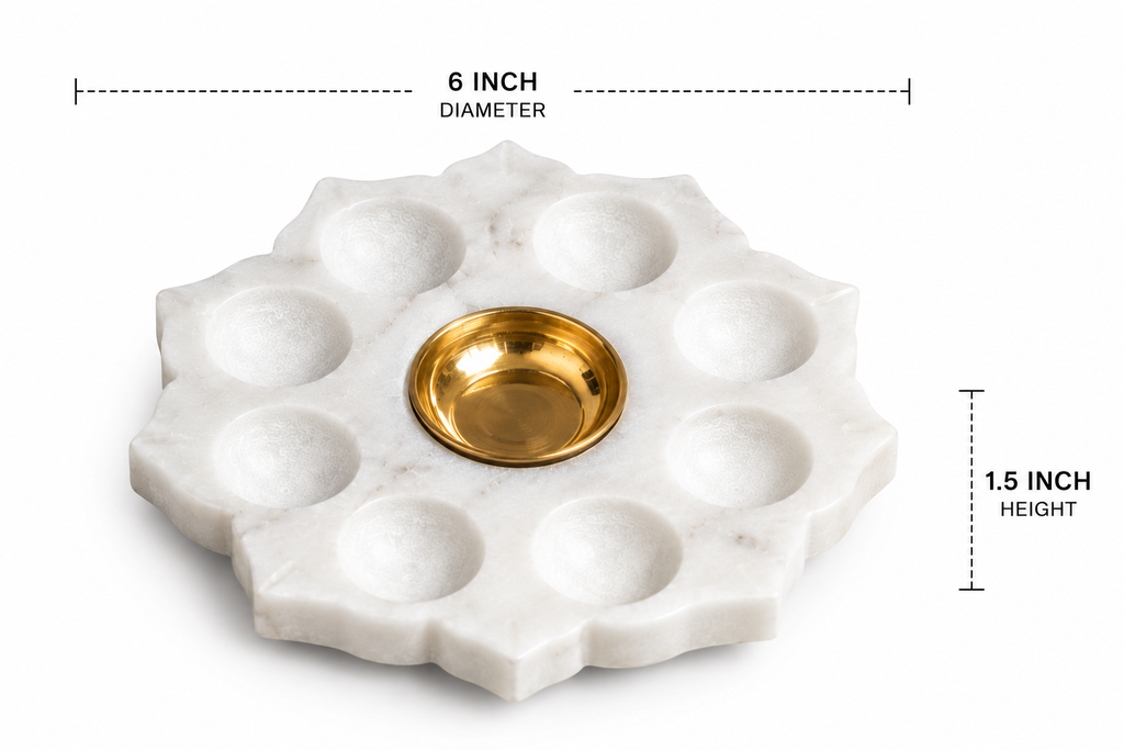 White Marble Brass Diya Holder – 6 Inch | Handcrafted Pooja Décor